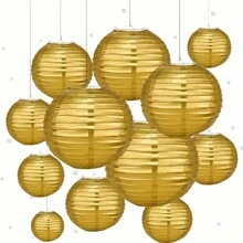 1/12 piezas Farolillos de papel, fáciles de colgar de 6", 8", 10" de diámetro, farolillos de papel chinos redondos, adecuados para fiestas nupciales, aniversarios y celebraciones, decoración interior/exterior, sin necesidad de electricidad - Dorado - Ver 9