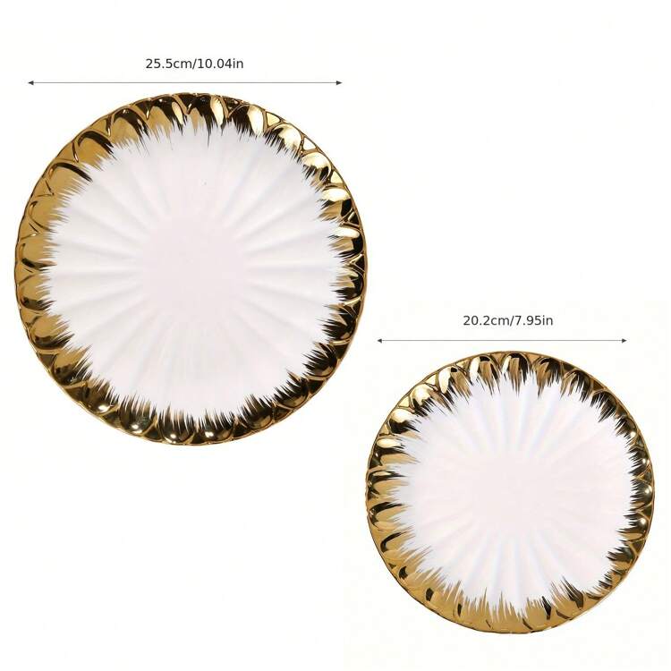 4 piezas Platos cerámicos, Plato para ensalada de 10/8 pulgadas, Plato para pasta con borde dorado hecho en casa, Plato para postres y aperitivos, Juego de platos de cerámica para comedor, Regalo de Navidad - Dorado - Añade 7