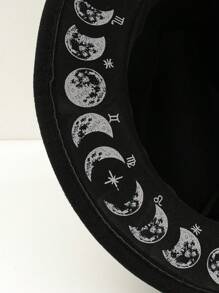 1顶男女通用毛毡牛仔/女牛仔帽，搭配时尚的月亮和星星字母印花水滴形帽檐巴拿马帽，舒适的爵士帽，奢华英伦风帽子 - 黑色 - 查看 2