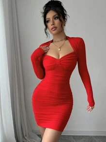 abyoxi Red Color Elegant Sexy Sweetheart Neck Long Sleeve Ruched Slim Fit Mini Party Dress,Dating,Romantic,Fashionable,Wedding Dating Dress,Hot Girl,Back To School,Fall/Winter Clothes For Women