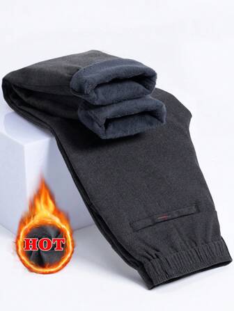 Men's Elastic Waist Side Pocket Thermal Lined Warm Casual Pants, Autumn/Winter
