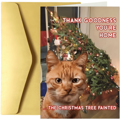 1 Peça Cartão de Saudação Festivo (Cartão de Natal) - Design de Gato Bravo com Árvore Derrubada, Item Incomum, Amigável para Pequenos Negócios - Para Presente de Natal para Amantes de Gatos