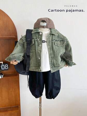 Jonge jongens herfst lange mouw patchwork gerafelde cargozak casual denim jack, eenvoudige stijlvolle dagelijkse kleding