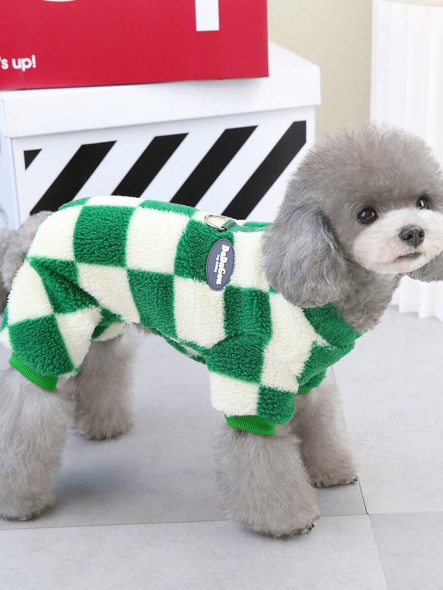 秋冬季宠物服装，狗狗服装，格子羊毛四脚套头衫，带毛圈装饰，适合泰迪熊和猫咪 - 綠色 - 查看 1