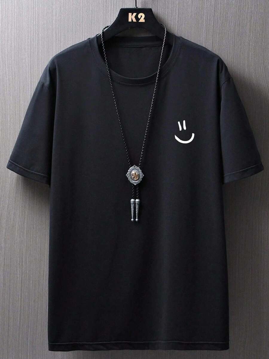 Men's Cotton T-Shirt Adult Plus Size Kids Happy Smile Smile Minimalist Fashion Streetwear Casual Basic - 黑色 - 查看 1