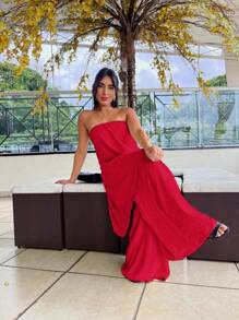 Long Dune Fabric Jumpsuit - Red - View 4