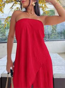 Long Dune Fabric Jumpsuit - Red - View 3