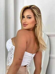 Women's Satin Corset With Strapless Padded Bra Women's Fashion Cropped Lace - trắng - Xem 3
