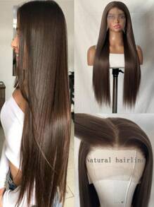 1pc Brown Long Straight Synthetic Lace Front Wig, Heat Resistant Fiber Hair, Light Brown Color, Natural Hairline, Suitable For Fashionable Women