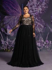 Faeriesty 加大号心形领蕾丝紧身胸衣撞色网眼下摆婚礼活动礼服，长袖新娘礼服 - 黑色 - 查看 5