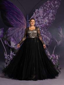 Faeriesty 加大号心形领蕾丝紧身胸衣撞色网眼下摆婚礼活动礼服，长袖新娘礼服 - 黑色 - 查看 8