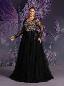 Faeriesty 加大号心形领蕾丝紧身胸衣撞色网眼下摆婚礼活动礼服，长袖新娘礼服 - 黑色 - 查看 7