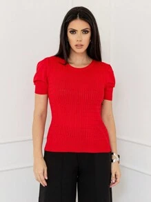 Imported Solid Color Knitted Short Sleeves For Women, Elastic, Comfortable Fabric, Ultra-High Elasticity, Small Round Neck, Regular Sleeves, Special Small Fold Design, Model Number Is DY4123 - 紅色 - 查看 3