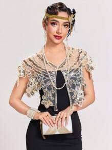 女式盖茨比 1920 年代披肩亮片晚礼服披肩新娘披肩披肩短上衣派对婚礼角色扮演披肩 - 杏色 - 查看 5