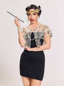 女式盖茨比 1920 年代披肩亮片晚礼服披肩新娘披肩披肩短上衣派对婚礼角色扮演披肩 - 杏色 - 查看 6