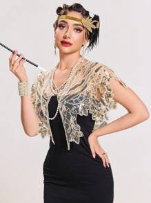 女式盖茨比 1920 年代披肩亮片晚礼服披肩新娘披肩披肩短上衣派对婚礼角色扮演披肩 - 杏色 - 查看 1