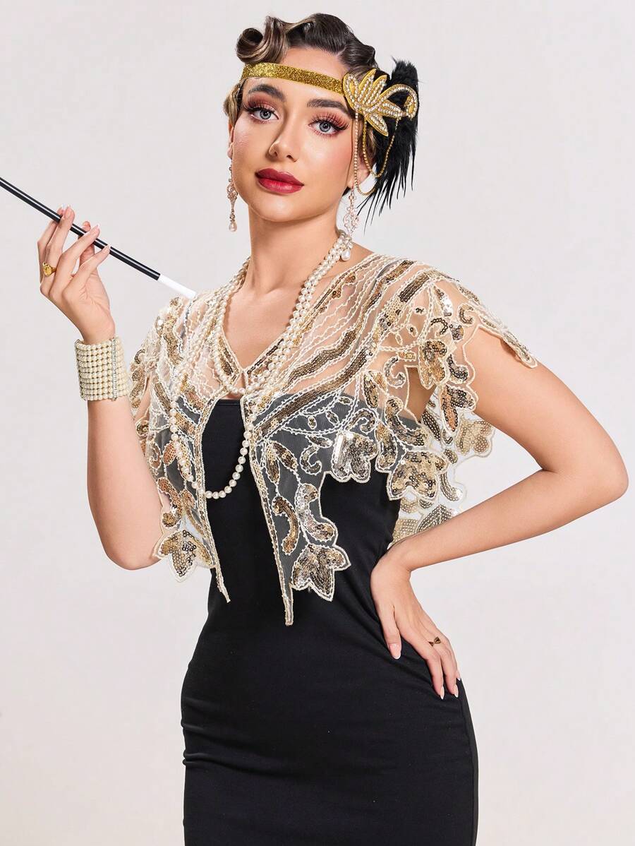 女式盖茨比 1920 年代披肩亮片晚礼服披肩新娘披肩披肩短上衣派对婚礼角色扮演披肩 - 杏色 - 查看 1