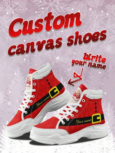 Zapatillas de lona con nombre personalizado de Navidad para mujer, zapatillas altas cómodas y ligeras con diseño de cinturón navideño, zapatillas de skate de caña alta, regalo de Navidad divertido y personalizado para mamá/papá/ella/él/novia/novio/esposa/esposo/amigo