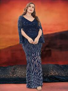 XUIBOL 加大开叉袖亮片派对礼服优雅长袖正式晚会舞会婚礼宾客礼服，适合毕业典礼、晚宴 - 藏蓝色 - 查看 2