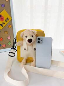 1 件时尚可爱儿童宝宝卡通可爱熊男孩女孩休闲斜挎包尼龙布百搭装饰零钱包，斜挎包配毛绒卡通熊装饰，可调节肩带，拉链开合，适合男孩女孩日常外出，多个口袋，手机钱包，零食，赠送朋友 - 小熊斜背包 - 查看 10