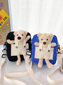 1 件时尚可爱儿童宝宝卡通可爱熊男孩女孩休闲斜挎包尼龙布百搭装饰零钱包，斜挎包配毛绒卡通熊装饰，可调节肩带，拉链开合，适合男孩女孩日常外出，多个口袋，手机钱包，零食，赠送朋友 - 小熊斜背包 - 查看 9