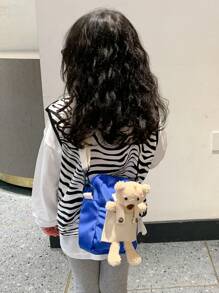 1 件时尚可爱儿童宝宝卡通可爱熊男孩女孩休闲斜挎包尼龙布百搭装饰零钱包，斜挎包配毛绒卡通熊装饰，可调节肩带，拉链开合，适合男孩女孩日常外出，多个口袋，手机钱包，零食，赠送朋友 - 小熊斜背包 - 查看 6