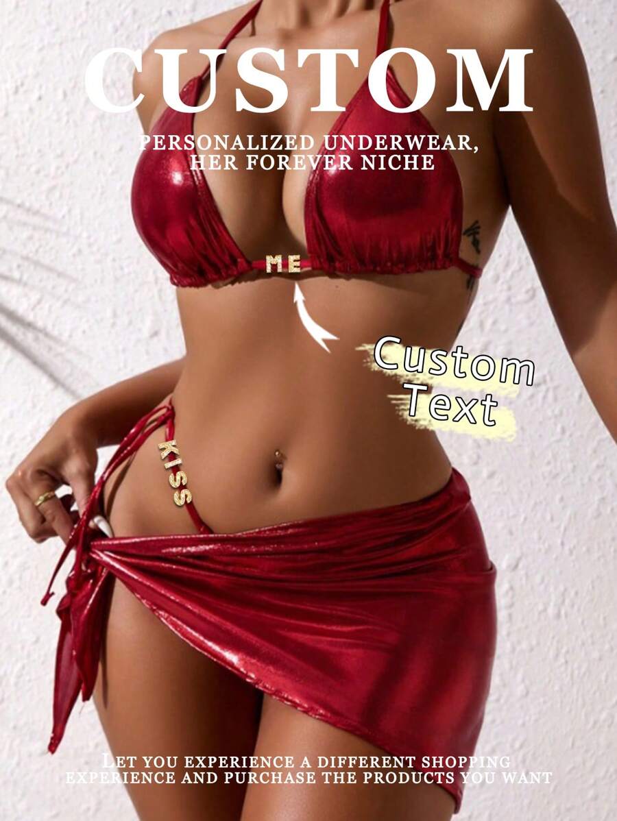 Bộ bikini 3 mảnh buộc dây gợi cảm xẻ tà dành cho nữ, in chữ theo yêu cầu, chủ đề Giáng sinh. - Nhiều màu - Xem 1