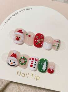 10 件短棺材风格手工制作 3D 可爱圣诞老人和雪人花环镶嵌金属星水晶光泽假指甲尖，带指甲胶、指甲锉，适合所有季节、派对、学生、办公室工作人员 - 彩色 - 查看 1