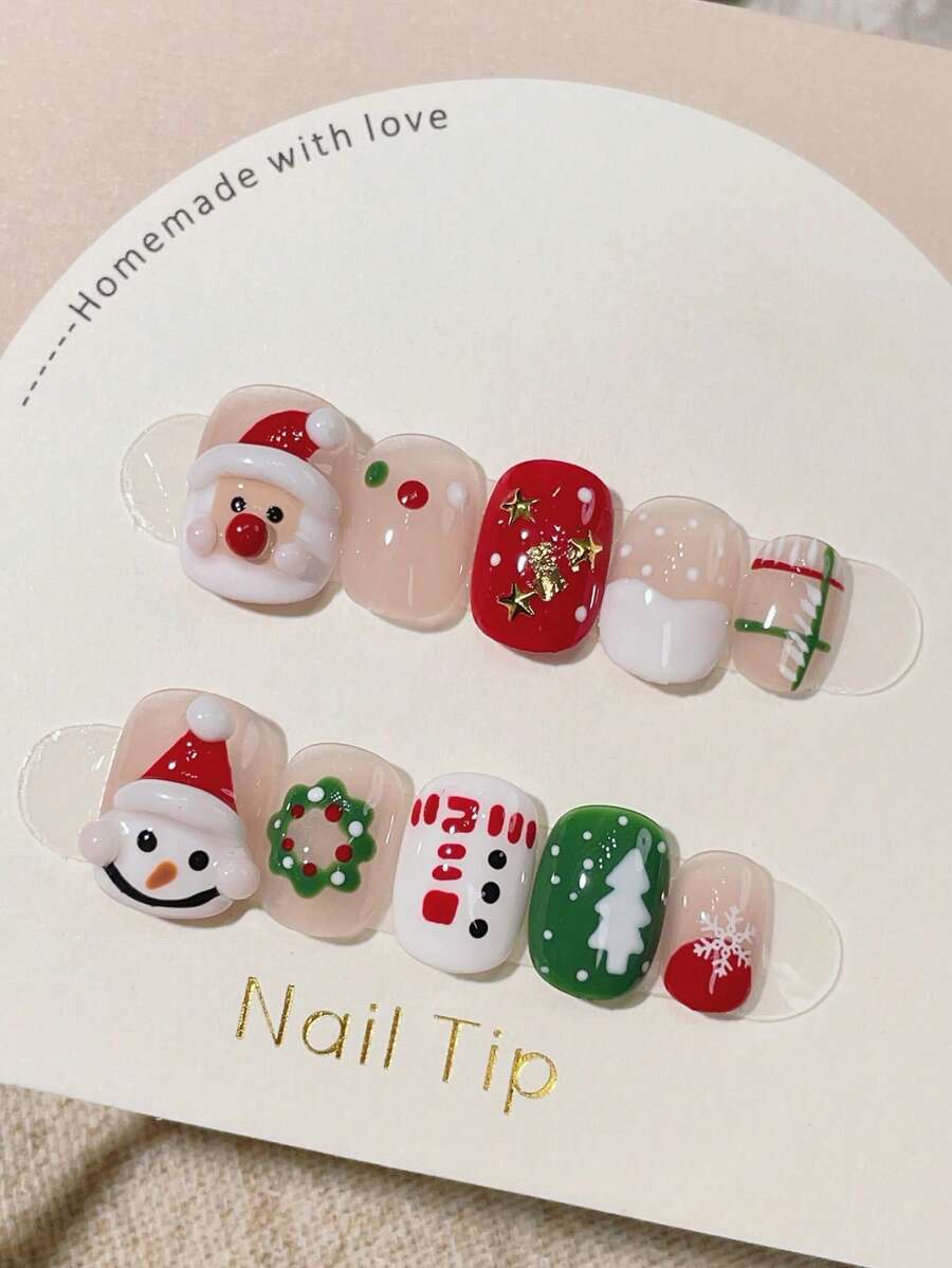 10 件短棺材风格手工制作 3D 可爱圣诞老人和雪人花环镶嵌金属星水晶光泽假指甲尖，带指甲胶、指甲锉，适合所有季节、派对、学生、办公室工作人员 - 彩色 - 查看 1
