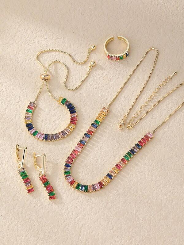 5pcs Fashion Simple Ladies Personality Colorful Zirconia Necklace Bracelet Ring Ring Earrings