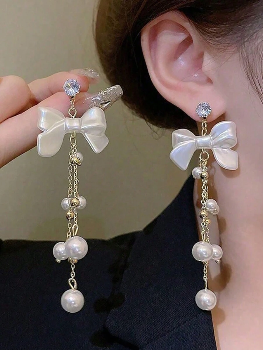 秋冬款甜美蝴蝶结耳环精致时尚耳环百搭 - 白色 - 查看 1