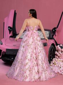 Faeriesty Plus Floral Applique Spaghetti Strap Lace-Up Back Tulle Cami Prom Dress, Party Dress, Wedding Guest Dress - Pink - View 3