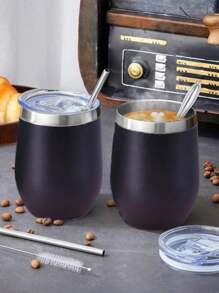 1 Set Yerba Mate Cup With Straw And Straw Brush Stainless Steel Argentine Yerba Mate Mug Set Double-Wall Tea Cup - Black - View 2