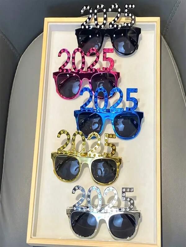 1 par de gafas modelo 2025, decoradas con diamantes, multicolor, de moda y novedad, para fiestas de Año Nuevo, hechas de material PC, sin necesidad de graduación, con temática de cultura pop