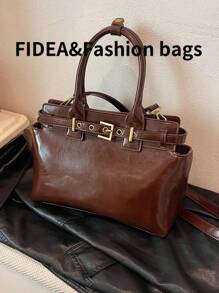 时尚新款女士手提包，纯色简约潮流 PU 材质大容量单肩包，适合约会、购物，百搭精致 - 咖啡棕 - 查看 5