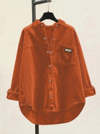 女式灯芯绒纽扣衬衫宽松休闲长袖时尚开衫夹克 2024 秋季超大衬衫上衣带口袋