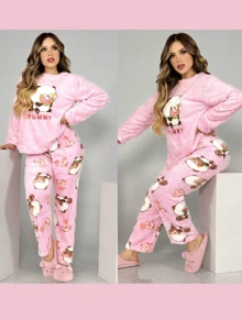 Set de 2 piezas de pijama polar tipo teddy peluchona super suave pantalon con blusa extra suave y calientita se envia al azar modelos en talla curvy - Multicolor - Ver 1