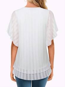 CheersLife 女士休闲优雅双层网纱夏季衬衫，V领短袖系带上衣 - 白色 - 查看 3