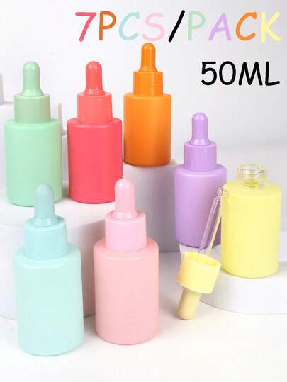 Bộ 7 chai nhỏ giọt thủy tinh màu Macaron 50ml, chai đựng tinh dầu mini có ống nhỏ giọt thủy tinh, hộp đựng mẫu mỹ phẩm rỗng có thể tái sử dụng, chai đựng nước hoa tự làm.