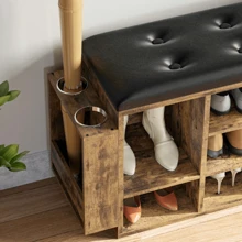 Shoe Bench, Ten Cubbies Storage Entryway Bench With PU Leather, Cubby Shoe Rack Organizer With Adjustable Shelves For Living Room, Bedroom, Vintage Brown - 棕色 - 查看 3