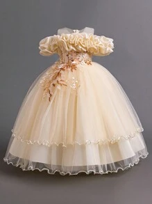 Tween Girls Sequin & Faux Pearl Applique Tulle Puff Party Princess Dress, Suitable For Birthday Celebration, Prom, Faux Pearl Decor, No Headband Included - 香檳色 - 查看 4