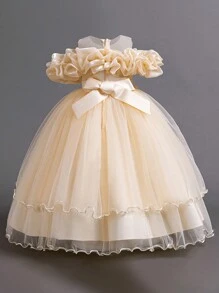 Tween Girls Sequin & Faux Pearl Applique Tulle Puff Party Princess Dress, Suitable For Birthday Celebration, Prom, Faux Pearl Decor, No Headband Included - 香檳色 - 查看 2