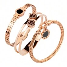 3-In-1 Set: Rhinestones Embedded Double LOVE Stainless Steel Bracelet, & Fashionable, With Romane Braided Steel Wire Bracelet Accessory, Great Gift
