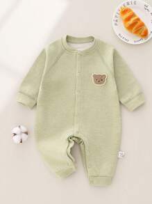 Baby Boy's Comfortable Warm Jumpsuit With Cartoon Embroidery Pattern, Front Button Closure - Green - View 1