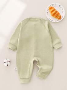Baby Boy's Comfortable Warm Jumpsuit With Cartoon Embroidery Pattern, Front Button Closure - Green - View 2