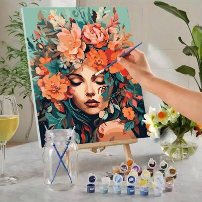 1 Set Of Colorful Oil Painting Diy Digital Oil Painting For The Woman With Flowers On Her Head, Paint By Number Adult,Suitable For Hanging On The Desktop To Relieve Pressure As A Gift Gifts Birthday Graduation