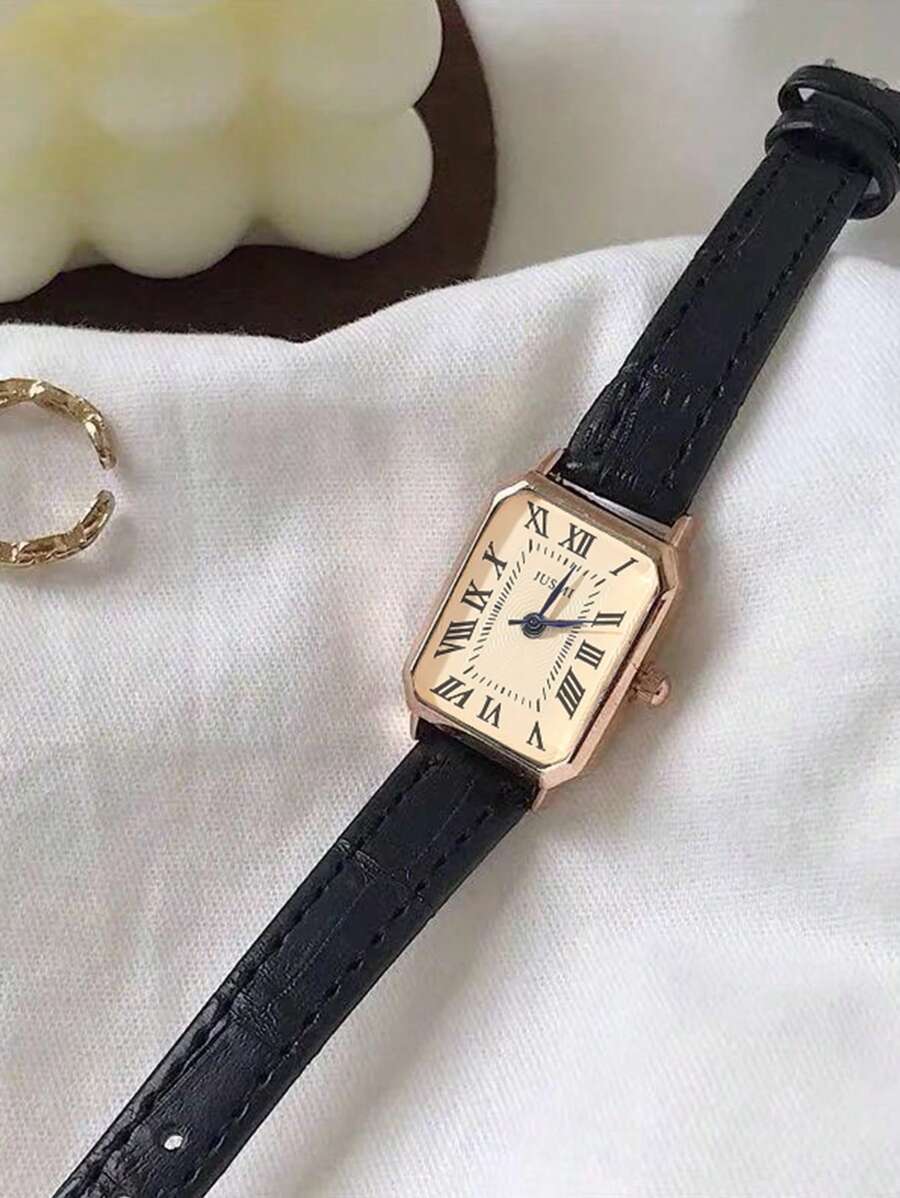1pc Minimalist Women's Rectangular Roman Numeral Dial Fashion Bamboo Strap Watch, Suitable For Daily Wear, Birthday, Anniversary Gift, Year-End Promotion, Singles Day, Halloween Promotion - Black - View 1