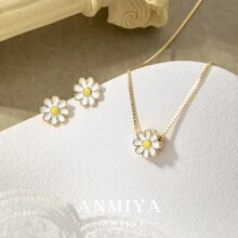 INS Small Daisy Necklace Earrings Set Golden Plated Fashion Jewelry Set For Women - Yellow Gold - View 1
