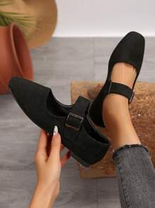 French Suede Slingback Low Block Heel Retro Soft Bottom Pumps For Office Lady - Black - View 1