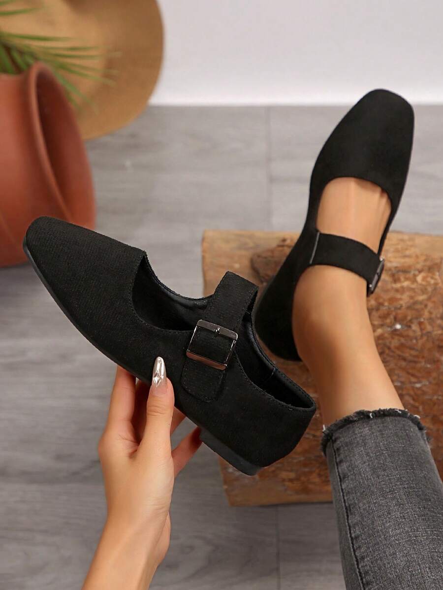 French Suede Slingback Low Block Heel Retro Soft Bottom Pumps For Office Lady - Black - View 1